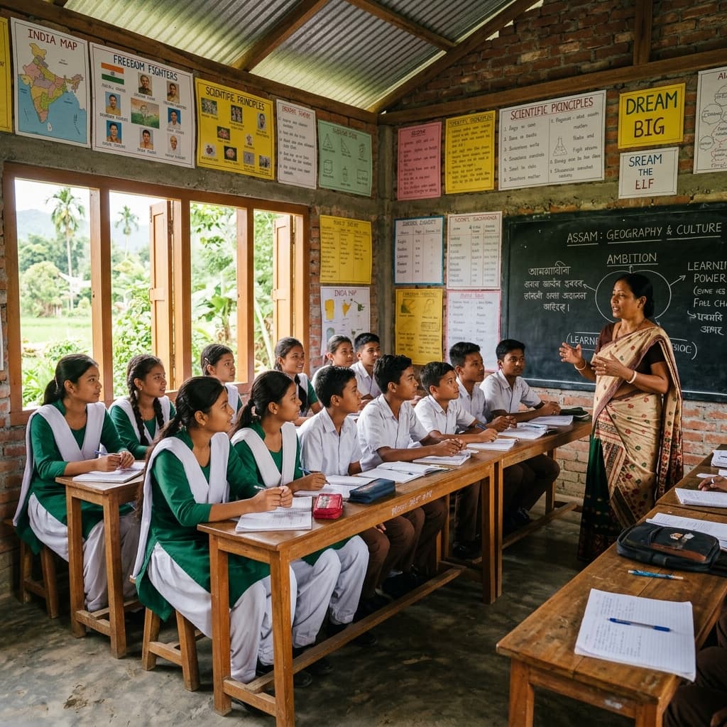 Students learning in a rural Assam classroom through a PBW Foundation skill development program
